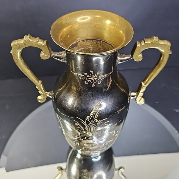 Vintage Brass Floral Eteched Vase With Double Handles India - Picture 4 of 9